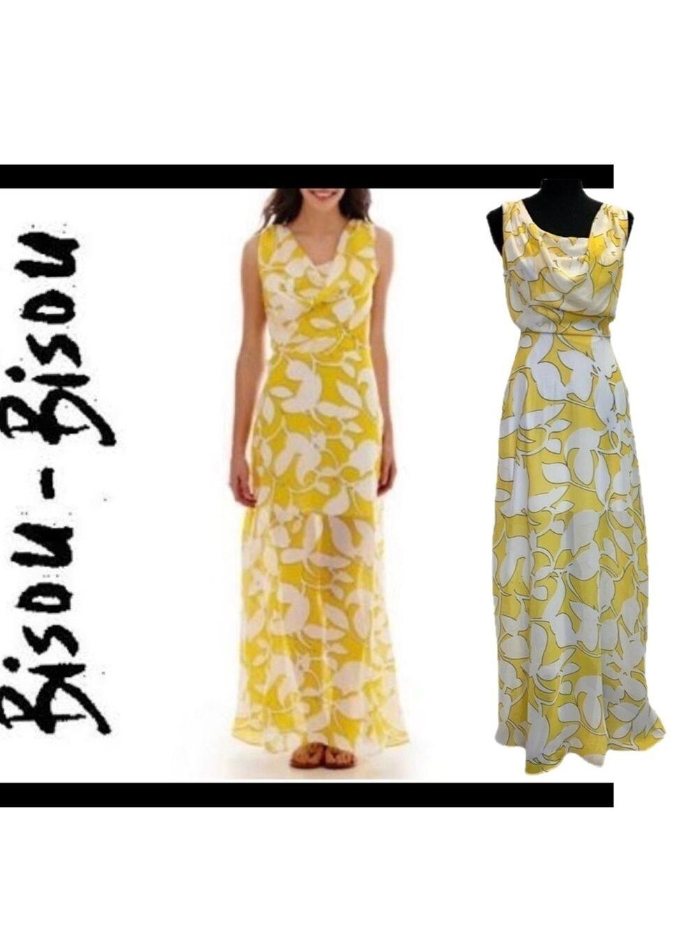 BISOU Bisou yellow white floral print sleeveless tropical maxi dress lined Sz 2